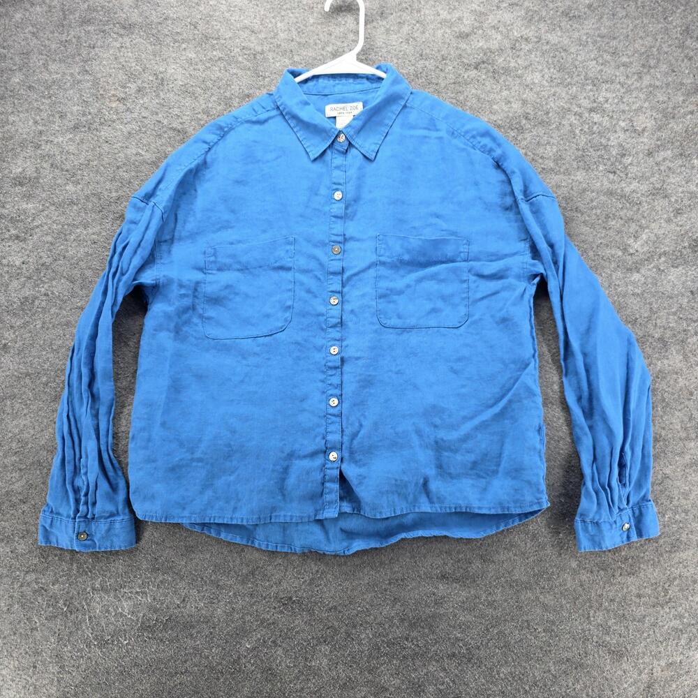 Rachel Zoe Shirt Womens Large Blue 100% Linen Button Up Long Sleeve Collared